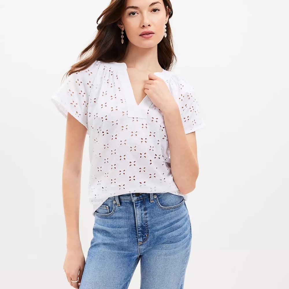 LOFT White Eyelet Short Sleeve Top